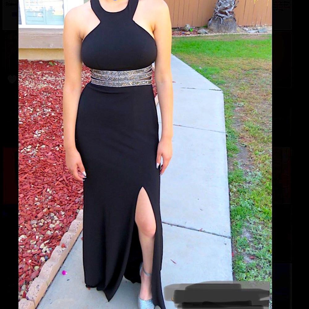 EUC Black Halter Gown with Beaded Waist Sz 1 Dress